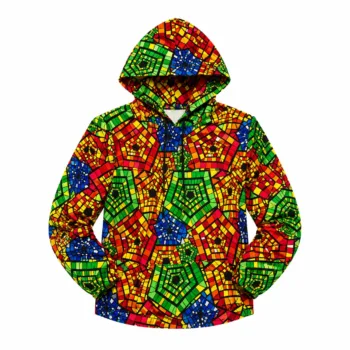 Unisex multicolor Kente-inspired African print zip-up hoodie jacket with hood and front pockets.