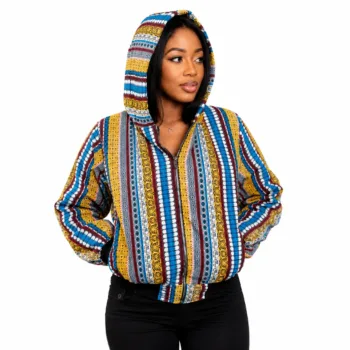 Unisex multicolor striped Ankara African print zip-up hoodie jacket with hood and front kangaroo pockets.
