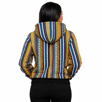 Unisex multicolor striped Ankara African print zip-up hoodie jacket with hood and front kangaroo pockets.