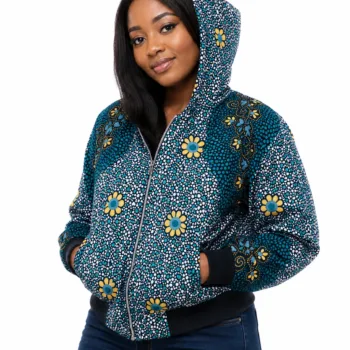 Woman wearing a blue and yellow Ankara African print hoodie jacket with hood and front pockets for casual Afrocentric fashion.