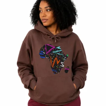 Woman wearing brown unisex pullover hoodie featuring a colorful Africa map graphic with kangaroo pocket and adjustable hood.