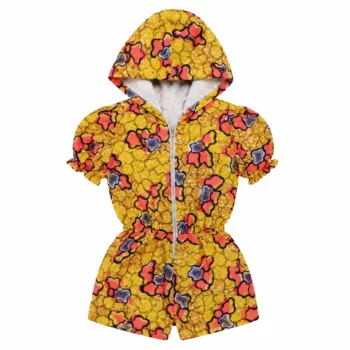 Woman wearing a vibrant yellow and coral African print hooded jumpsuit with front zipper and hood – Ankara hoodie jacket for ladies.