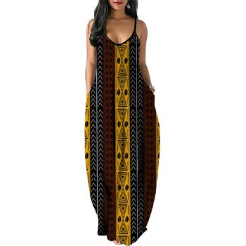 Mud Cloth print sleeveless maxi dress with geometric African pattern and side pockets