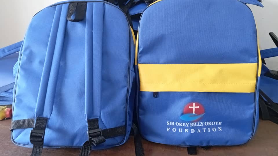 Sir Okey Billy Okoye Foundation Custom branded school bags backpacks done by African Things in Lagos, Nigeria