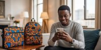 A young man staring into his phone with excitement and two Ankara accessories. Best Side Hustles in Nigeria To Start Today