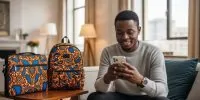 A young man staring into his phone with excitement and two Ankara accessories. Best Side Hustles in Nigeria To Start Today