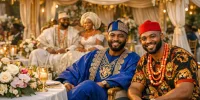 Two Nigerian males dressed in traditional attires in a wedding ceremony, with the bride and groom dressed in native wears.
