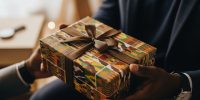 A man handing over an African print gift box to another man