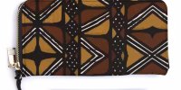 Women’s Mud Cloth African print long PU wallet purse with zipper, card holders and wrist strap