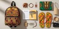 Collection of African gift items/souvenirs including an Ankara backpack, a Kente flip flop, a Dashiki shirt, African fridge magnets etc