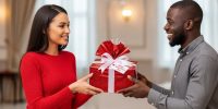 A lady and a man exchanging Valentine's Day gifts